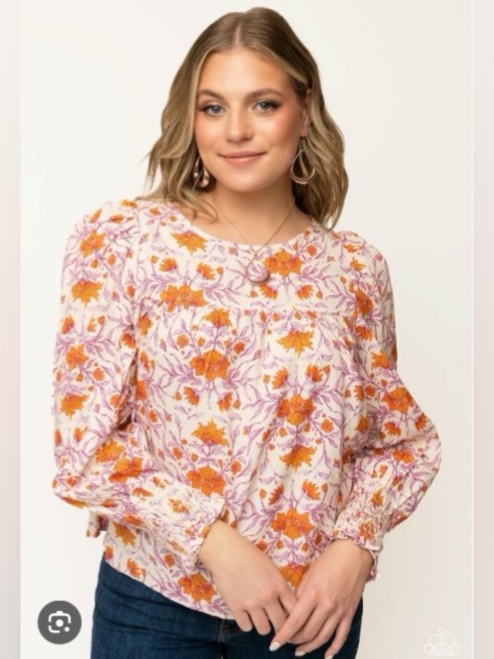 Universal Thread White Blouse with Orange Floral Print and Purple Vines Medium